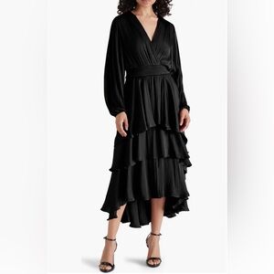 Bei Long Sleeve Tiered Satin Midi Dress